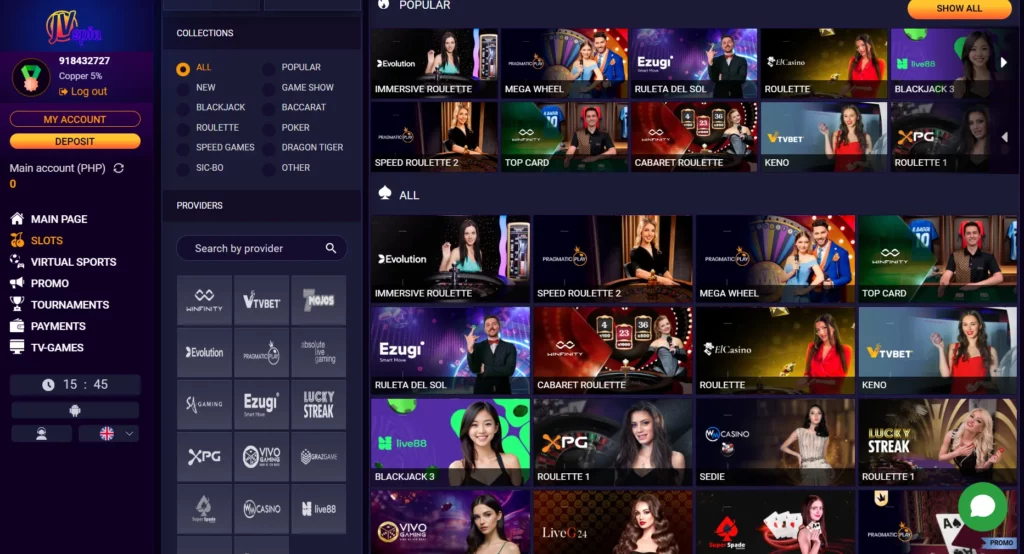Popular Live Casino games at JVSPIN